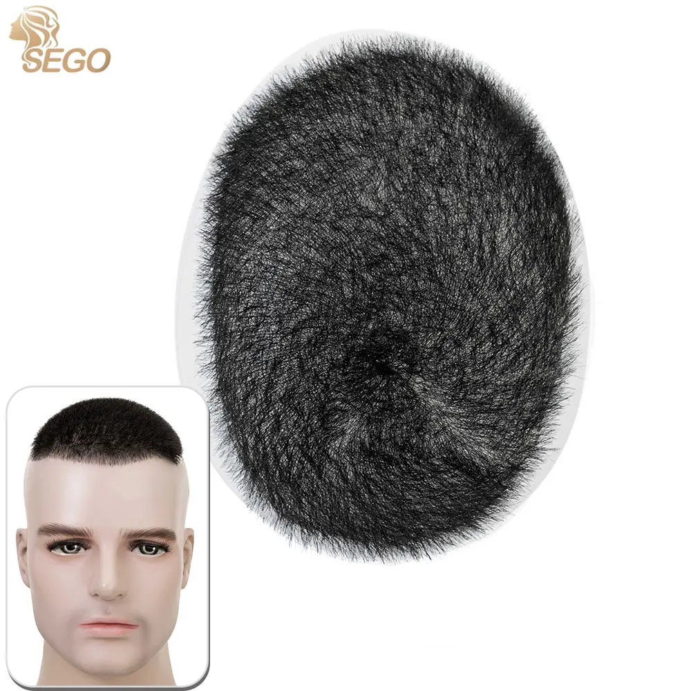 SEGO 100% Human Hair Men's Short Buzz Cut Hair 13x18cm Thin Skin PU Men Toupee Transparent Biological Scalp Human Hair Topper