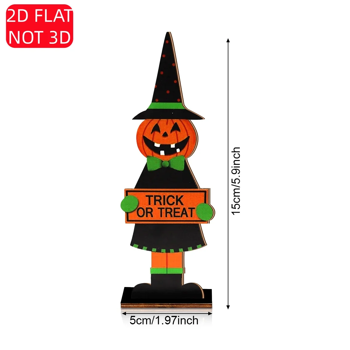 1 Set of 2D Flat Halloween Wooden Tabletop Ornaments, Orange Jack-O'-Lantern Figurine, Witch Hat with Green Bow Tie, 