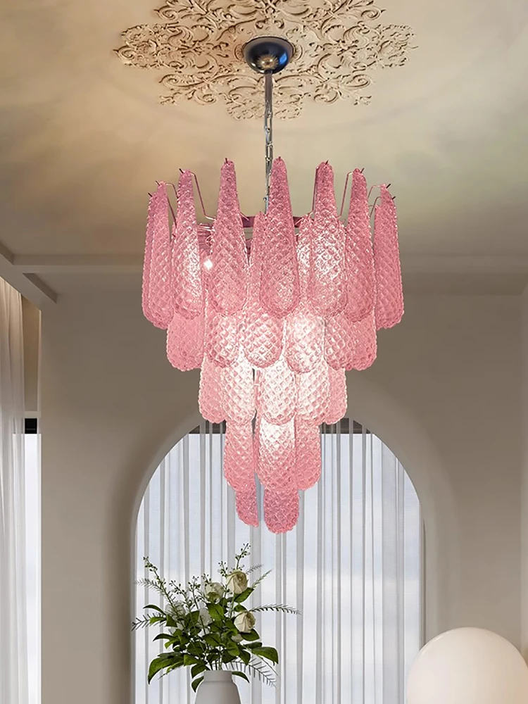 

Vintage Water Drop Chandelier Pink Blue Staircase Light Lobby Light Large Chandelies Trendy Pendant Handmade Glass Led Lamp