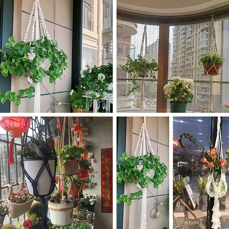 Cesta colgante de macramé hecha a mano para plantas, soporte para macetas de jardín, decoración colgante de pared de macramé, cuerda de elevación