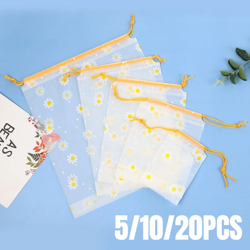 5/10/20PCS Transparent Waterproof Travel Cosmetic Bag Daisy Pattern Drawstring Storage Bag Outdoor Portable Cosmetic Packaging
