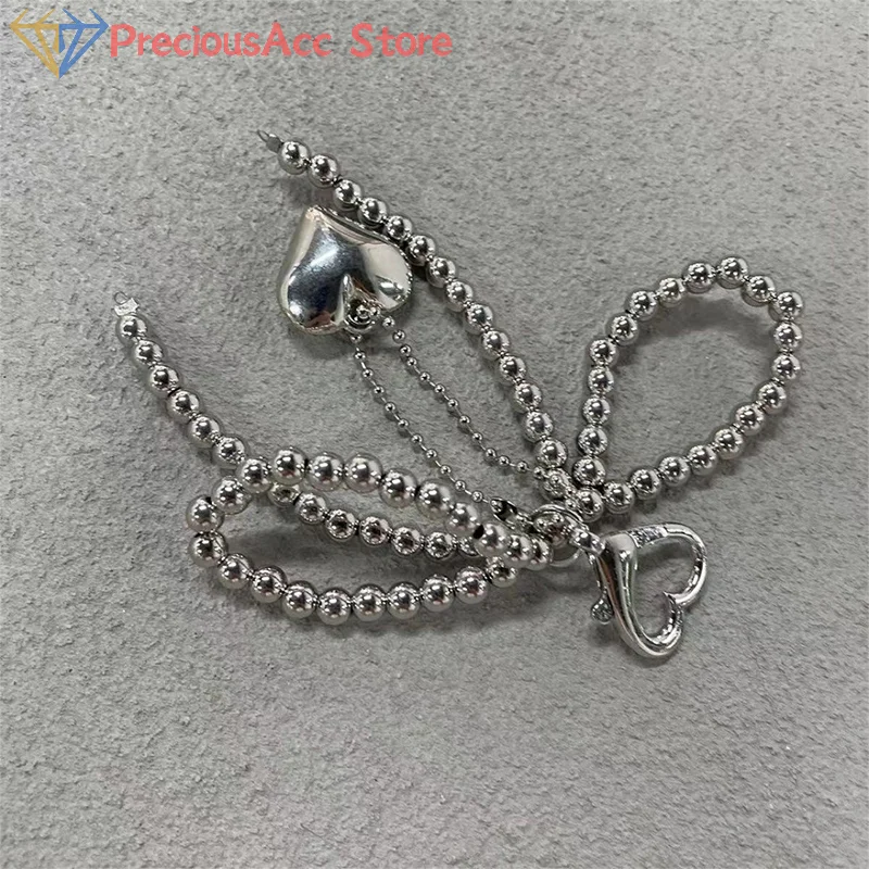 Temperament Sweet Bowknot Heart Pendant Keychain Fashion Beaded Phone Charm Bow Phone Lanyard Bag Decoration Accessories Gifts