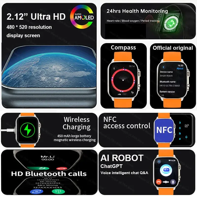 2025New HK10 ULTRA 3 MAX Smartwatch 49mm AMOLED 4G ROM Bluetooth Call Network Chat Robot Clock NFC Compass Smart Watch Men Women