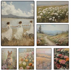 Colorful Spring Tulip Meadow Floral Grass Landscape Poster Canvas Painting Wall Art Pictures Rustic Farmhouse Home Decor