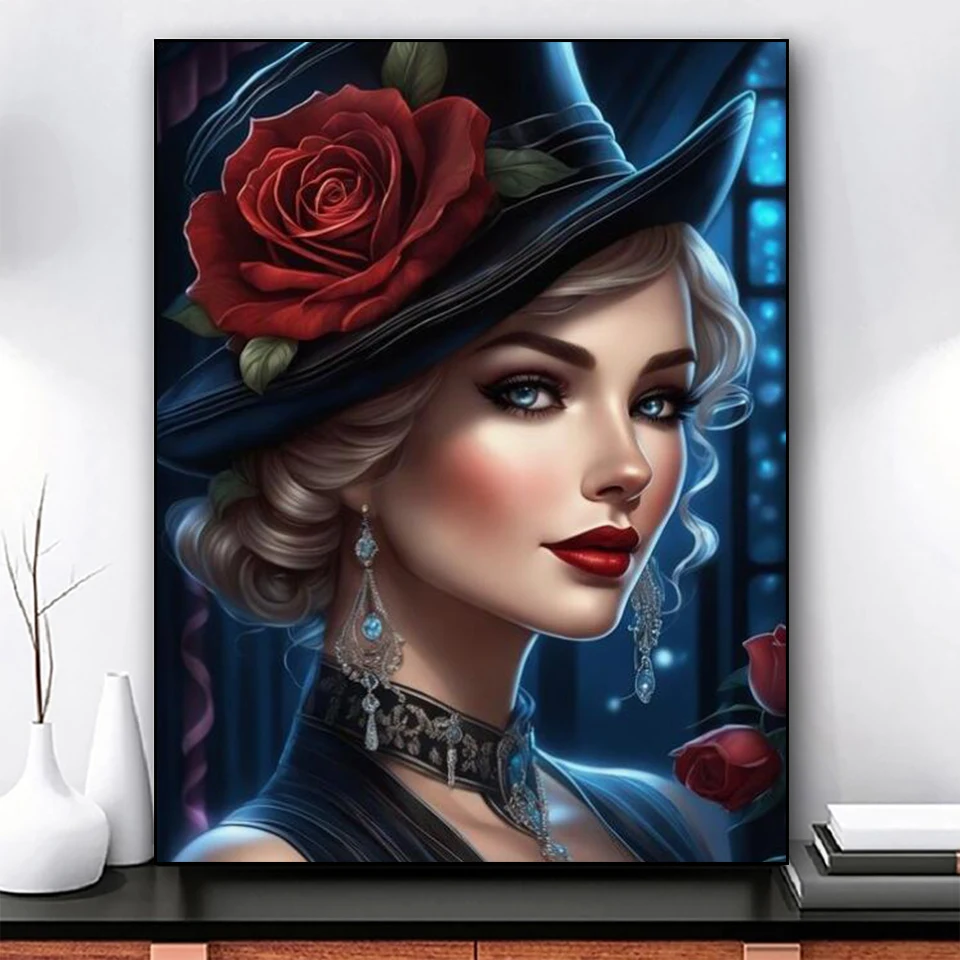 Mysterious Hat Woman 5d Diy Diamond Painting New 2025 Full Diamond Mosaic Embroidery Gothic Lady Picture Home Decor