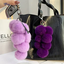 Lovely Grape Pom Poms Keychains Fluffy Pompoms Keychain Rex Rabbit Fur Pompoms Keyring Car Key Chain Pendant Accessories