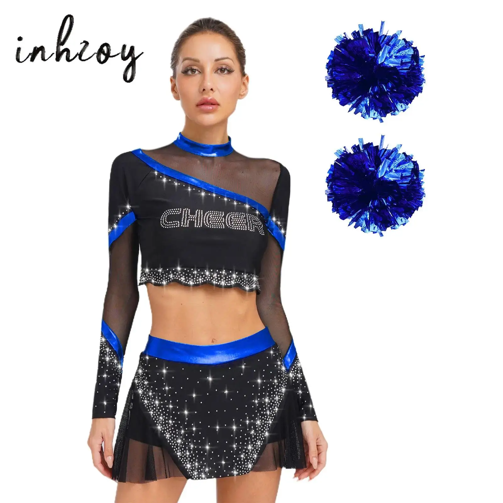 

4Pcs Women's Cheerleading Outfits Long Sleeve Sequins Crop Tops+Skirt+Hand Flowers Set Cheerleader Uniform Performance Costume