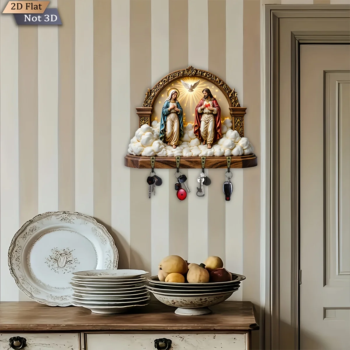 2D Flat, 1pc, Sacred Heart Holy Spirit Themed Key Hook Wooden Multifunctional Home Key Rack, with Four Metal Hooks, Wall