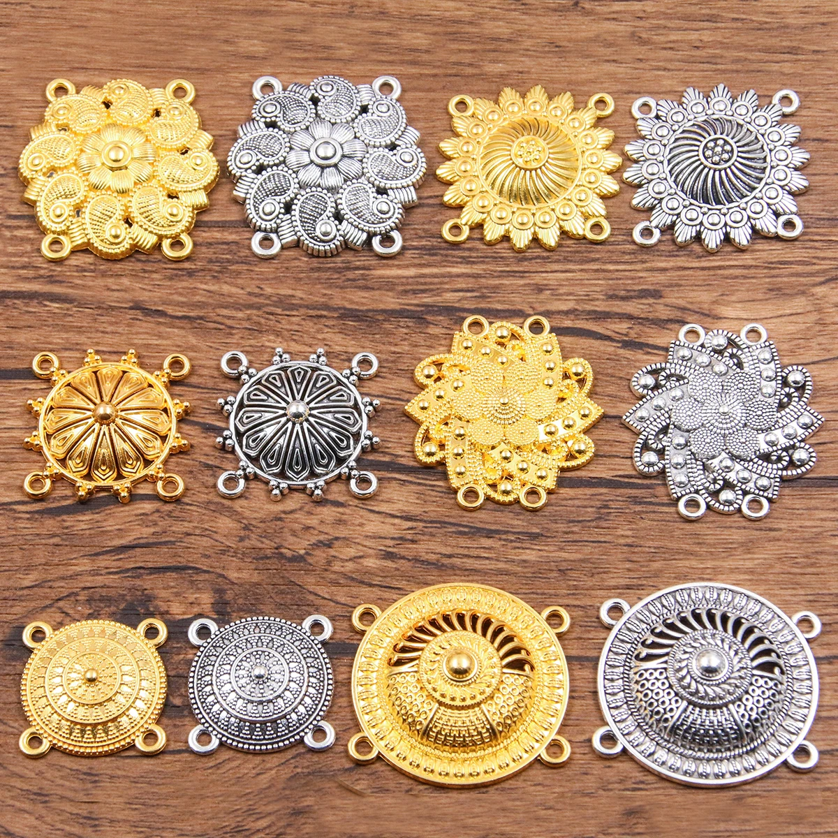 10PCS Mix Size Style Two Color Necklace Charm Women Jewelry Fashion Porous Connector Geometric Round Flower Pendant Necklace