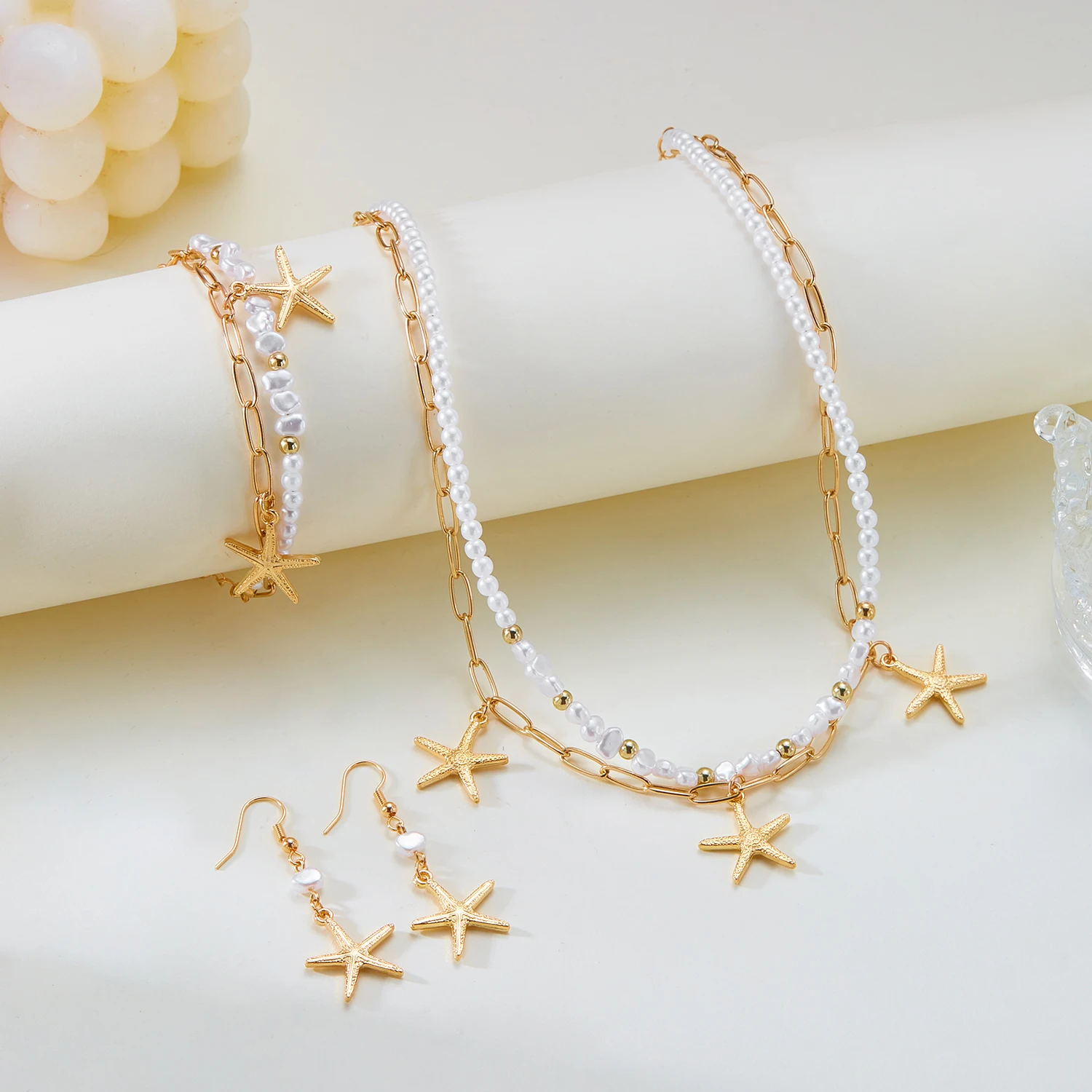 

Bohemian Imitation Pearl Choker Necklace for Women Handmade Starfish Pendant Bracelet Earrings Girls Summer Beach Jewelry Set