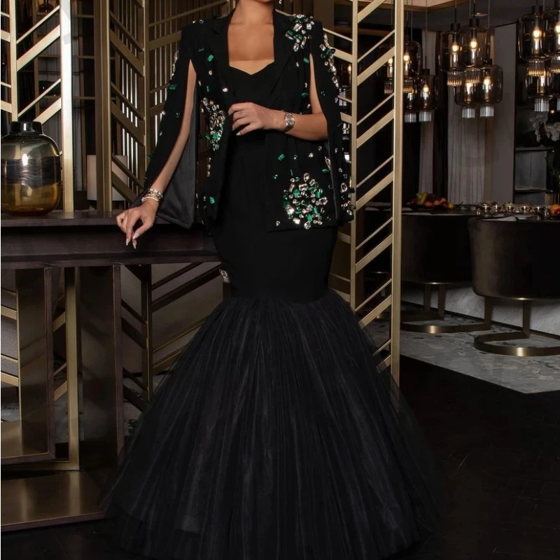 

Saudi Arabic Luxury Black Mermaid Evening Dresses With Jacket Sweetheart Crystal Long Formal Occasion Dress Wedding Party Gown