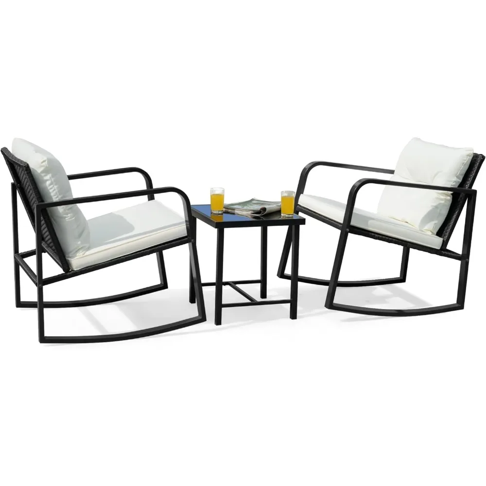 

Patio Chairs 3 Piece Wicker Rocking Chair Outdoor Bistro Sets with Coffee Table and Cushions Metal Frame Patio Furnitur