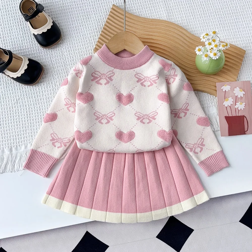 Autumn Winter New 3-7 Years Girls Sweet Fashion Outfits Long Sleeve Cute Sweater Top + Skirt 2 Pcs Set Kids Casual Clothes