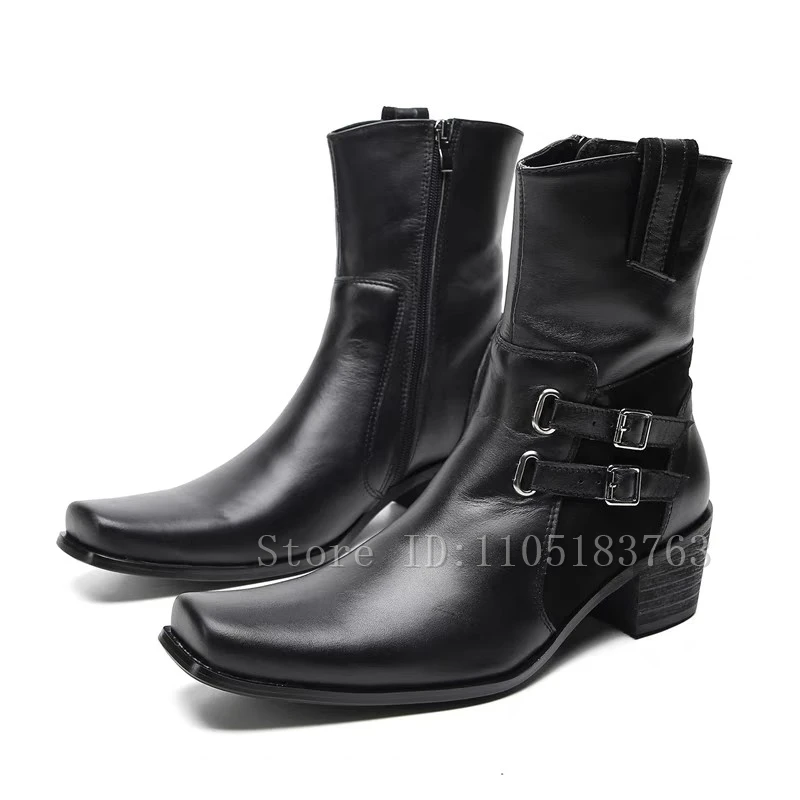 Suqre 발가락 블랙 소가죽 남성 비즈니스 부츠 벨트 버클 리벳 두꺼운 굽 발목 부츠 남성 파티 정장 구두