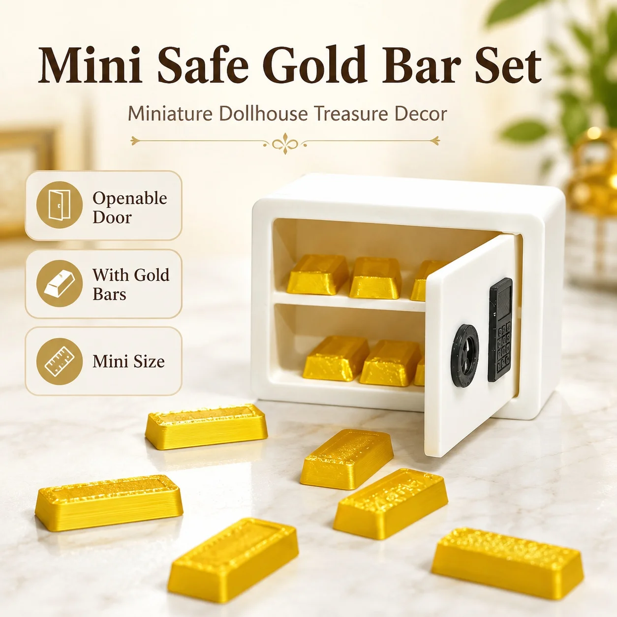 9-teiliger Miniatur-Simulations-Tresor mit 8 Goldbarren. Geeignet zur Verwendung als Requisiten in Szenen wie Puppenhausschlafzimmern, Arbeitszimmern, etc.