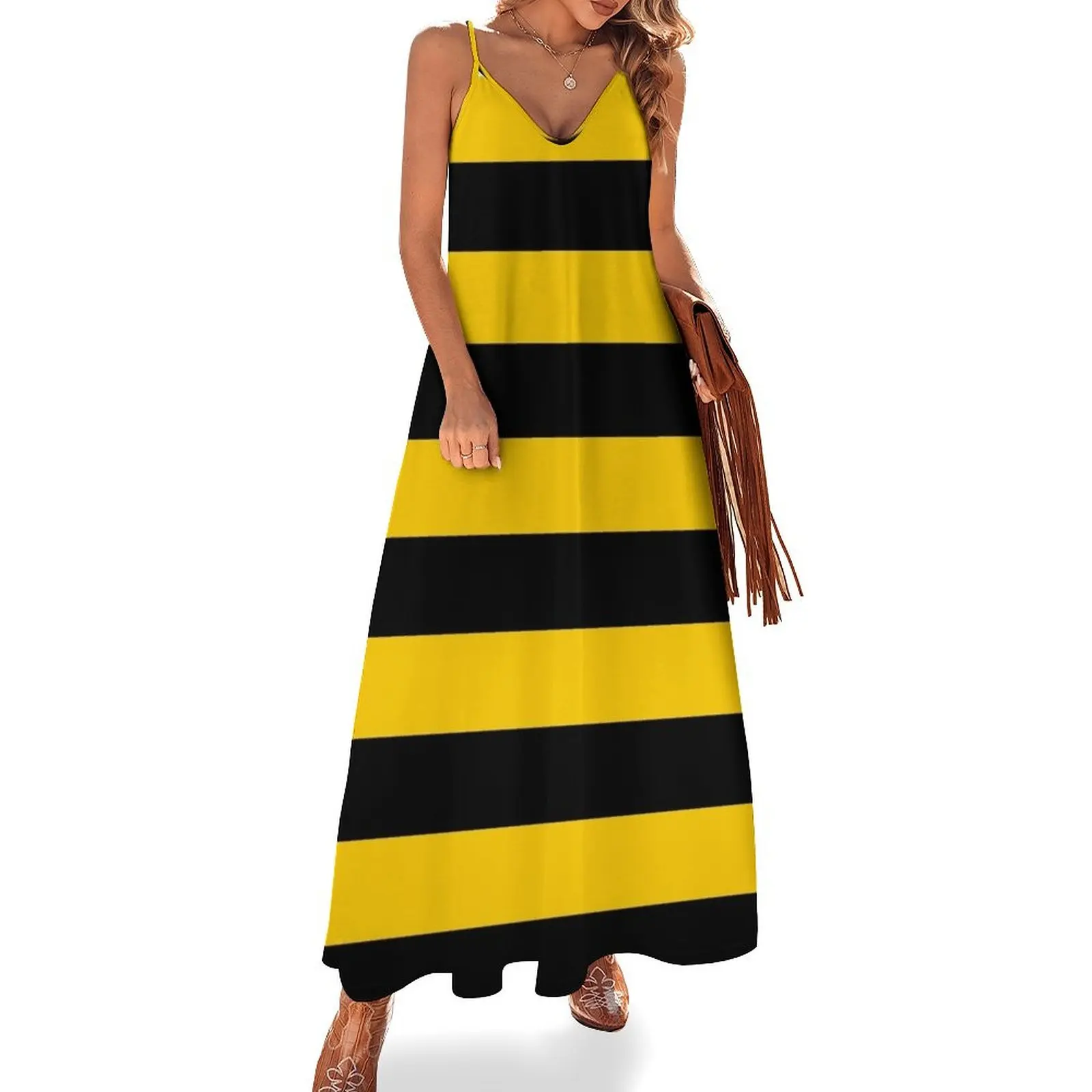 

Bee pattern black and yellow stripes Sleeveless Dress sexy dress Long dresses