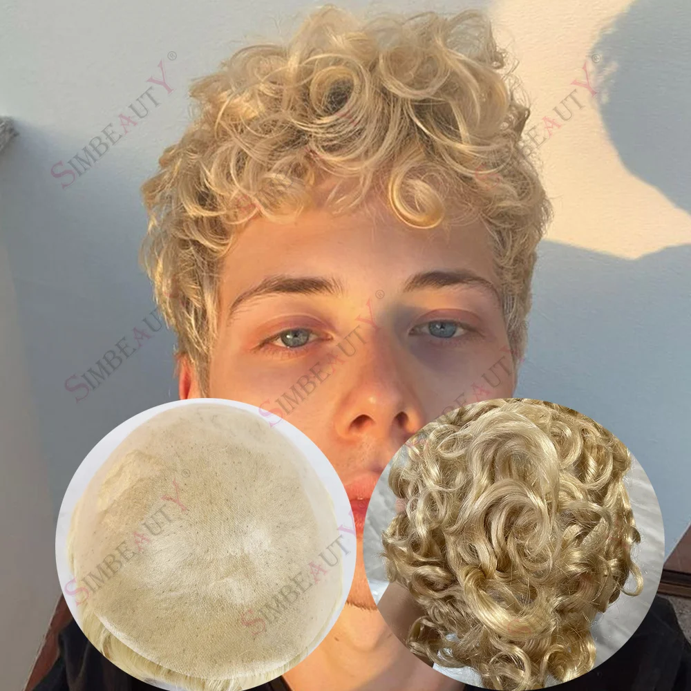 

Durable Natural Hairline 613# Blonde Human Hair Men's Toupee 28mm Loose Curly 0.06mm Poly Skin Base Vloop Hair System Prosthesis