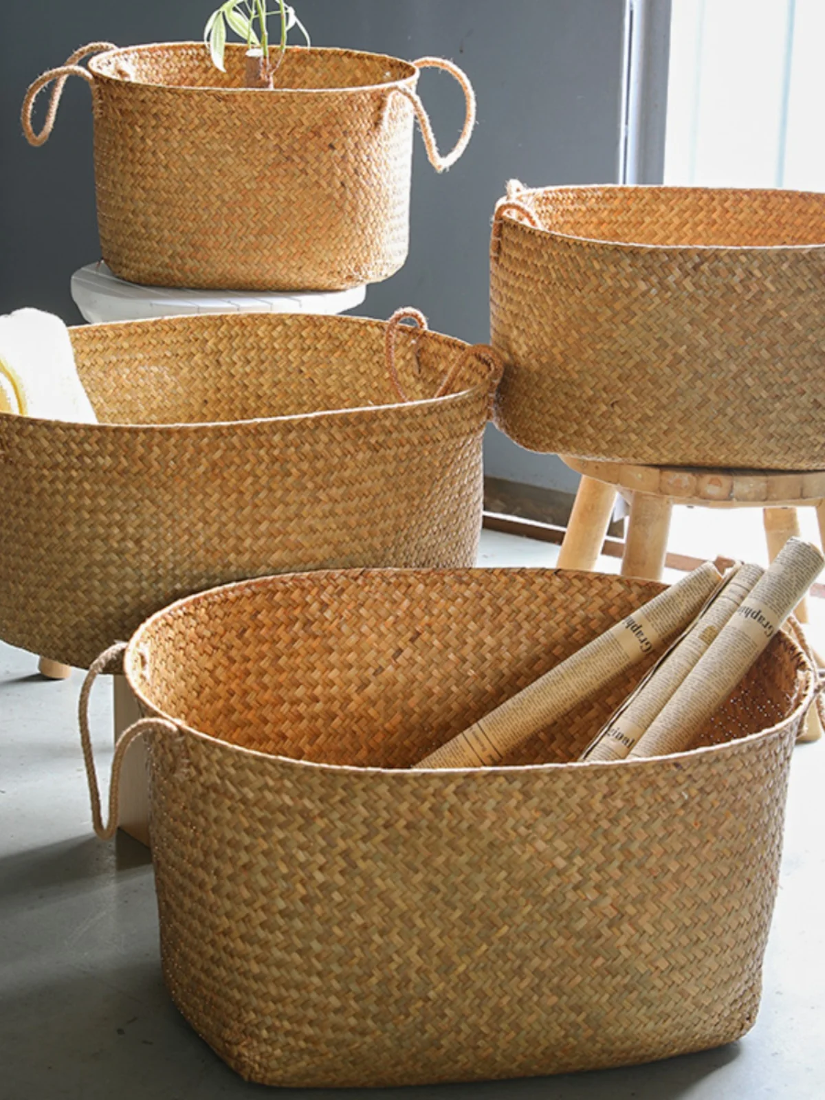 

Ретро-корзина для хранения большой вместимости, плетеная вручную, для одежды, органайзер для дома, для хранения в шкафу