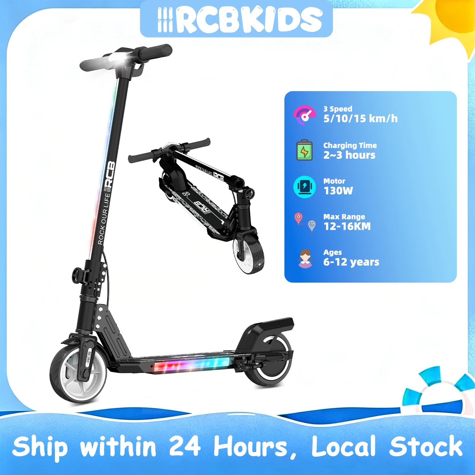 RCB KIDS R12 Kinder Elektroroller Fahrspielzeug 15km/h 10km Reichweite 6.5" faltbar Leichter Roller mit bunten Lichtern für Kinder 6-12 Jahre