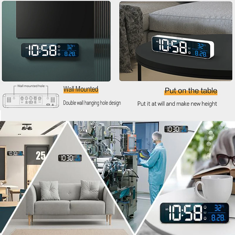 LED Digital Alarm Clock Wall/Table Electronic Clock with Temperature Snooze Date Weekday & Dual Alarms 40 Ringtones