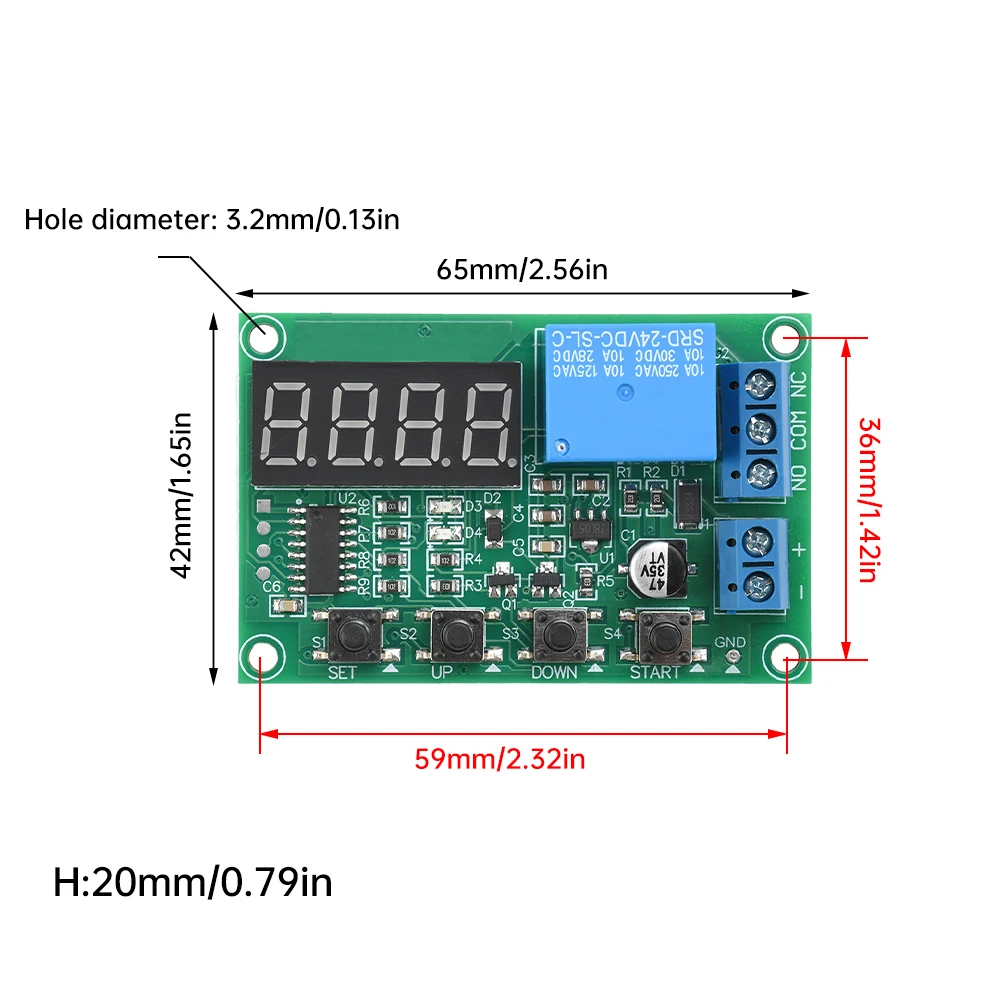 DC12V/24V 10A Infinite Cycle On/Off Digital Display Time Relay Module 0.36-Inch 4-Digit Red Display 0.1-999.9 Hours