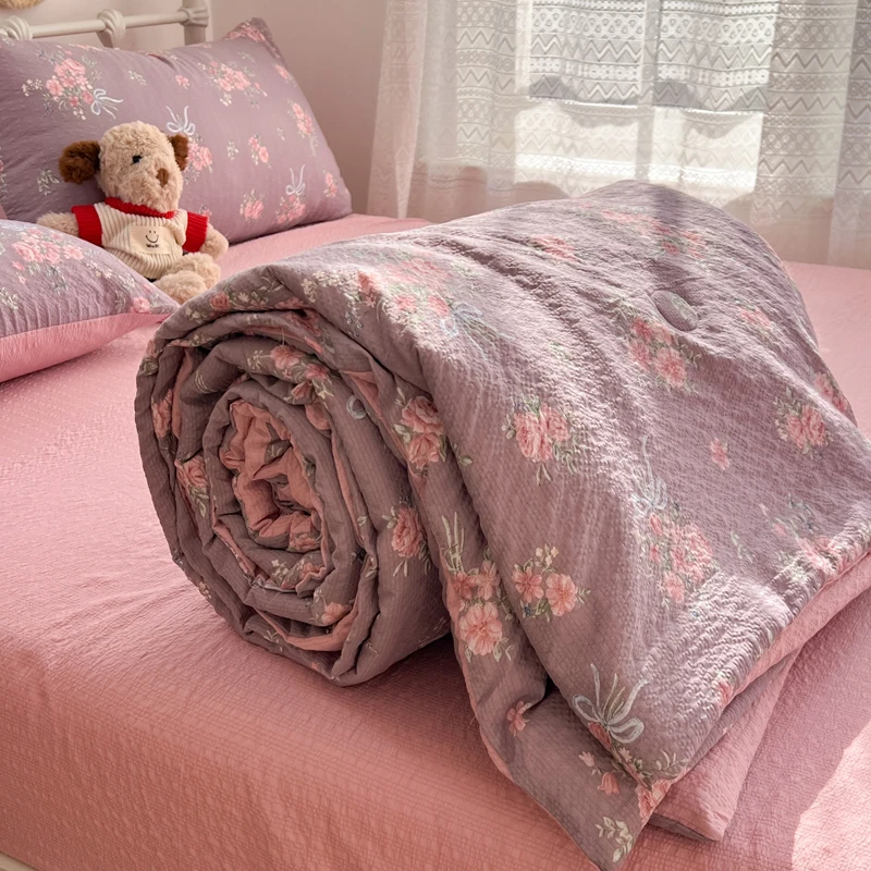 Edredón de Verano con Estampado Floral, de Hilo Acolchado, Tamaño Individual/Queen, Edredón Acolchado para Aire Acondicionado, Suave, para Cama