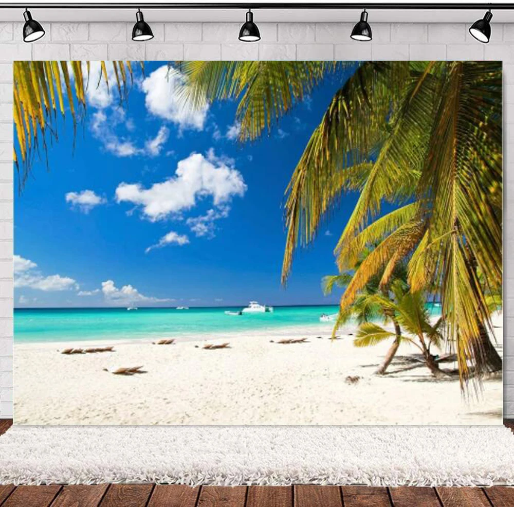 

Summer Tropical Beach Photography Backdrop Hawaii Trees Photo Background Ocean Wedding Birthday Party Decoration Banner Poster