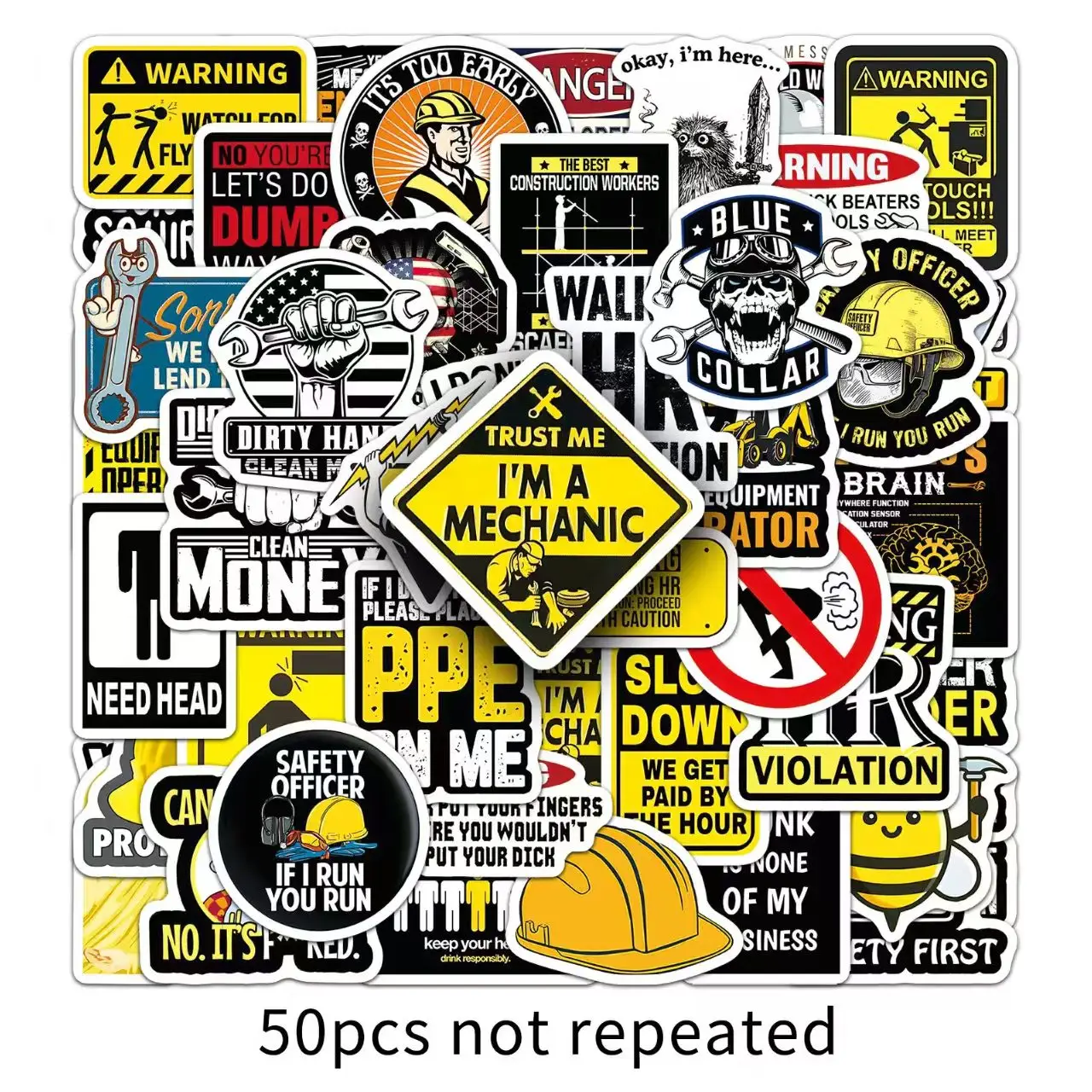 50 Pcs Hard Hat Slogan Stickers, Creative Graffiti Waterproof Decals for Stationery, Helmet and Luggage Decoration