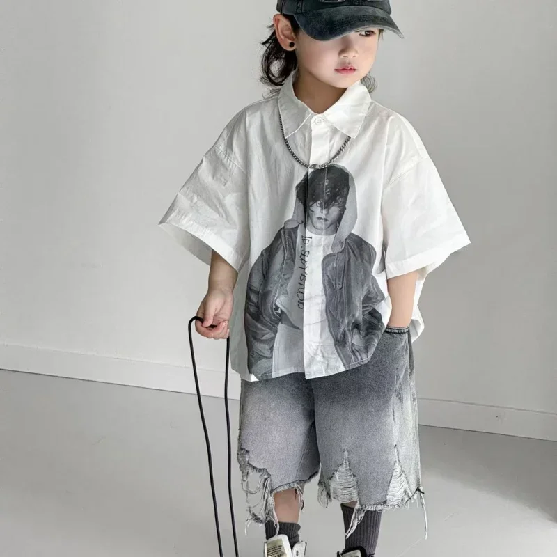 

Boys' Summer Suit New Fashion Korean Style Children's Baby Short-sleeved Shirt With Holes in The Jeans Shorts 2-piece Set