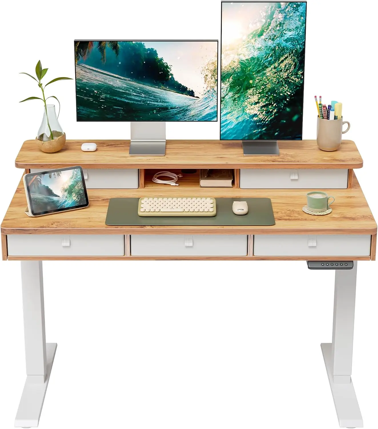 Fezibo Height Adjustable Electric Standing Desk With 5 Drawers, 48 X 24 Inch Table With Storage Shelf, Sit Stand Desk White