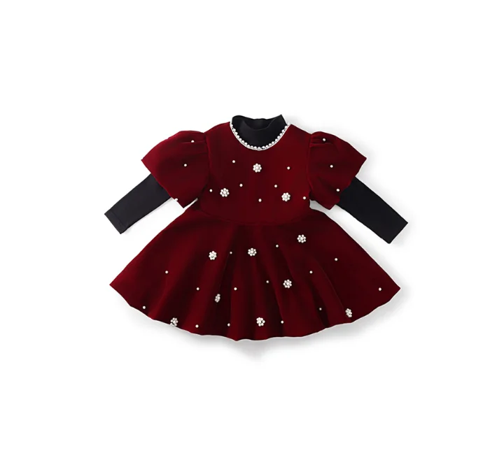 New Baby Girls Winter  Wine Red Vest  Beading Dress, Princess Kids Elegant Party Birthday Dress 2-7T