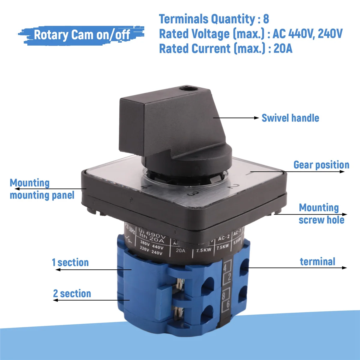 8 Terminals 5 Positions Master Control Rotary Cam Switch 20A Black+Blue