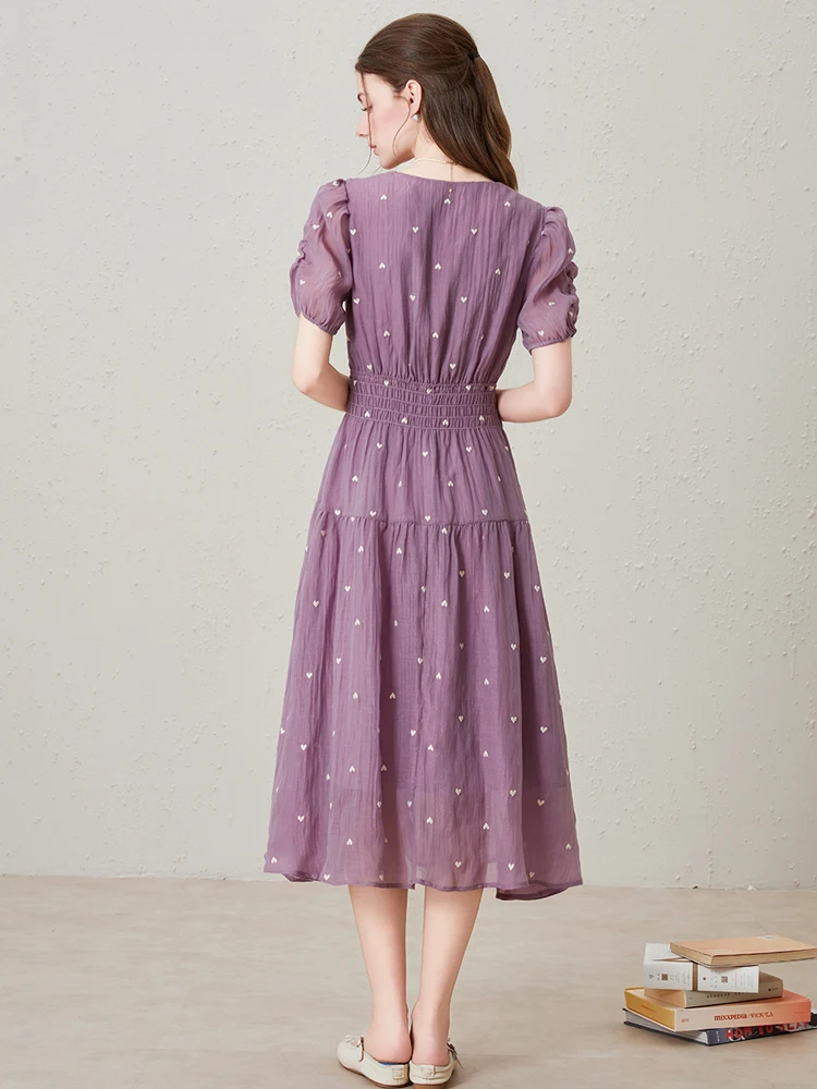 Robe mi-longue brodée de style français pour femmes, tenue de plage d'été à manches courtes et col rond, à la mode, violette, INKEO 5D220, 2025