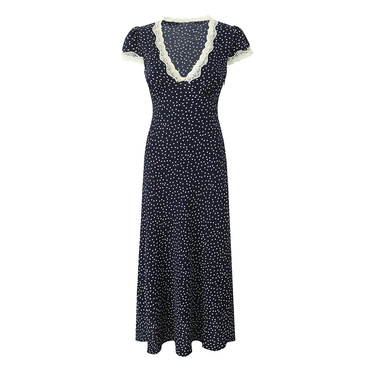 2025 Retro French Style Navy Blue Polka Dot Print Spliced Lace V neck Women Midi Dress Puff Sleeve Sashes Tea Dresses Robe Femme
