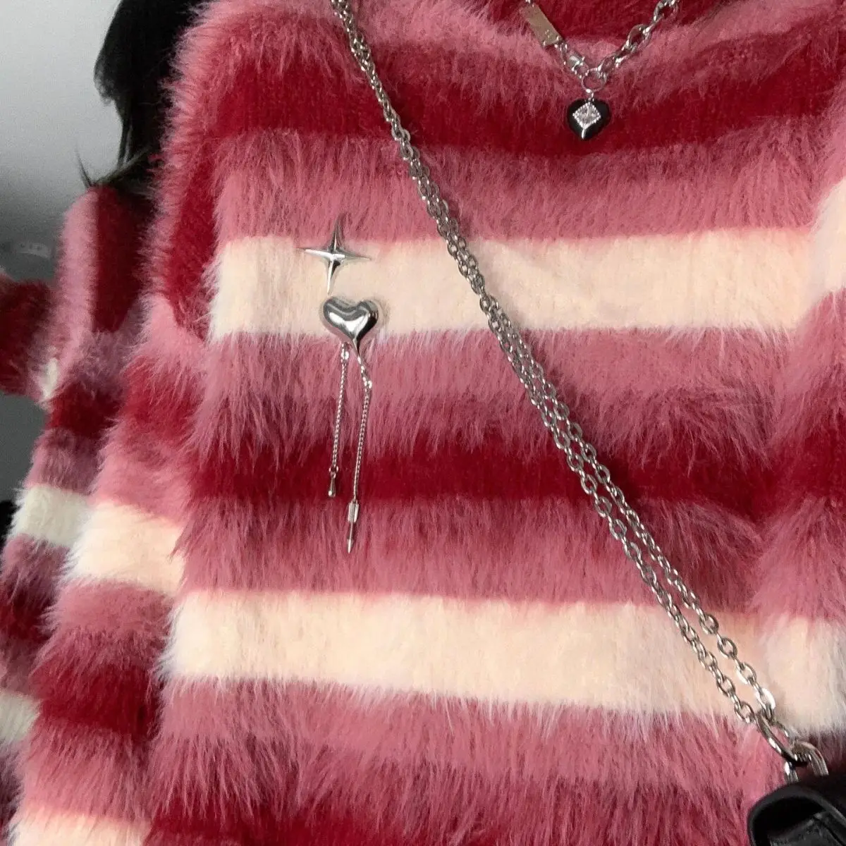 Sueters De Mujer Imitation Mink Fur Pullover Red Striped Sweaters Y2k Fairy Grunge Knitwear American Streetwear Cashmere