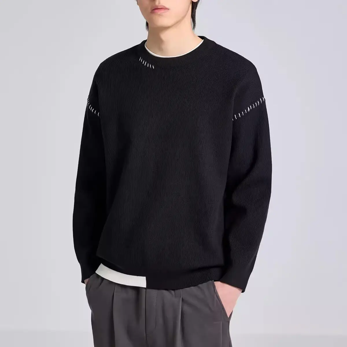 

New Faionable Bla round Ne Knitted Sweater Heavyweight Anti-Ball Loose Top for Men And Women Suitable for Autumn And Wi...