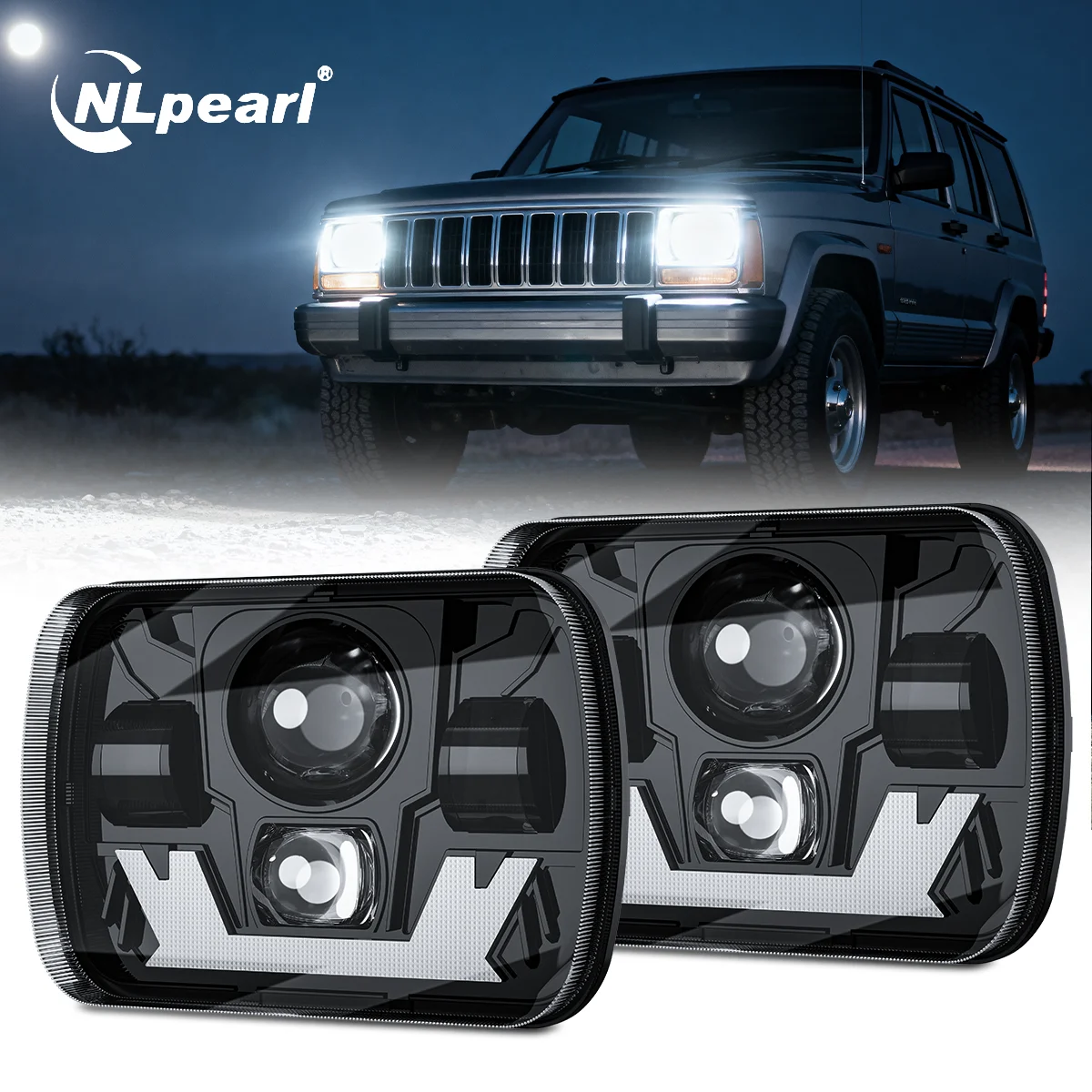 

NLpearl 2Pcs 5X7" Inch Led Headlights Square Hi/Lo Beam With White Amber DRL For Jeep YJ Cherokee XJ Trucks H4 Square Headlamp