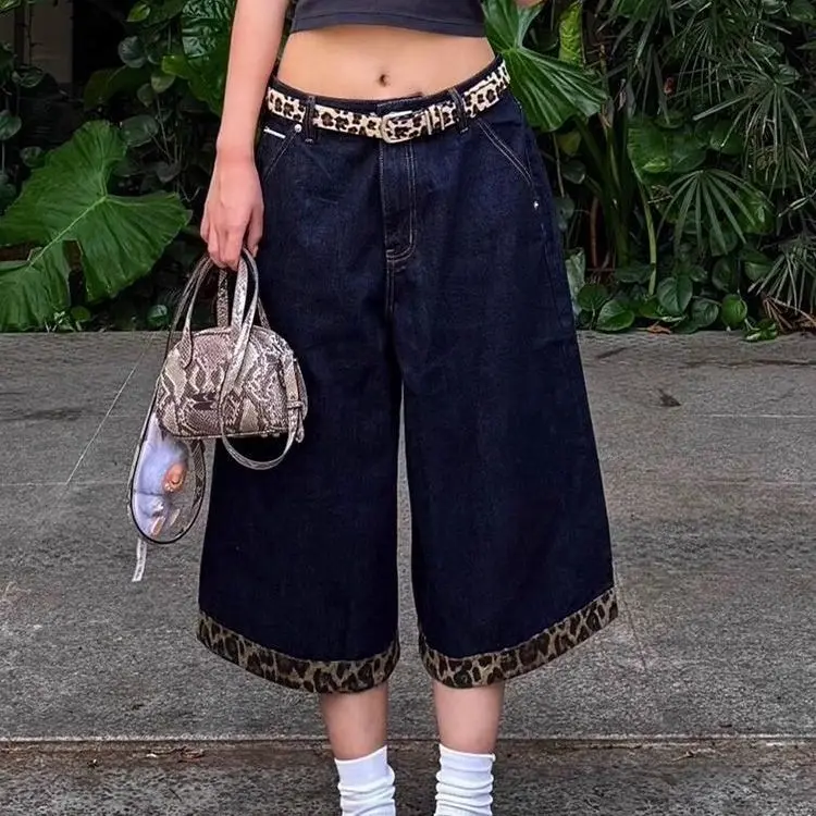 

Retro Leopard Print Patchwork Cropped Jeans Women's Summer Street Loose Silhouette Casual Wide-leg Mid-length Pants