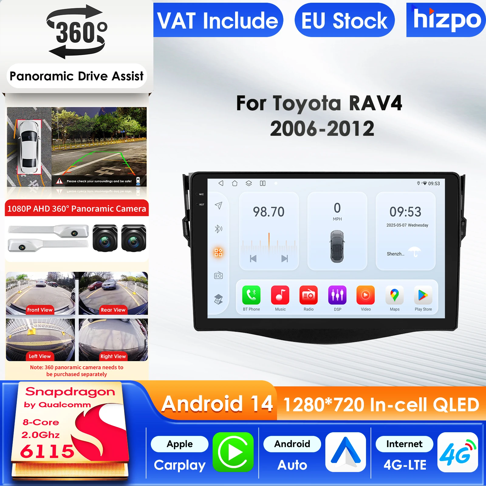 Hizpo Autoradio für Toyota RAV4 Rav 4 2006–2012 Audio-Multimedia-Player Android Auto GPS Carplay WIFI 4G FM BT Autoradio 360 Cam