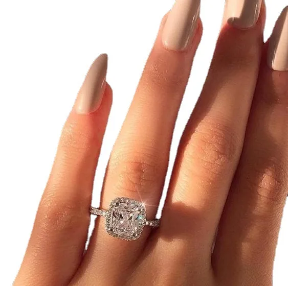 Inlaid Eight Hearts and Eight Arrows Princess Square Diamond Silver Ring Full Diamond Micro Inlaid Engagement Ring