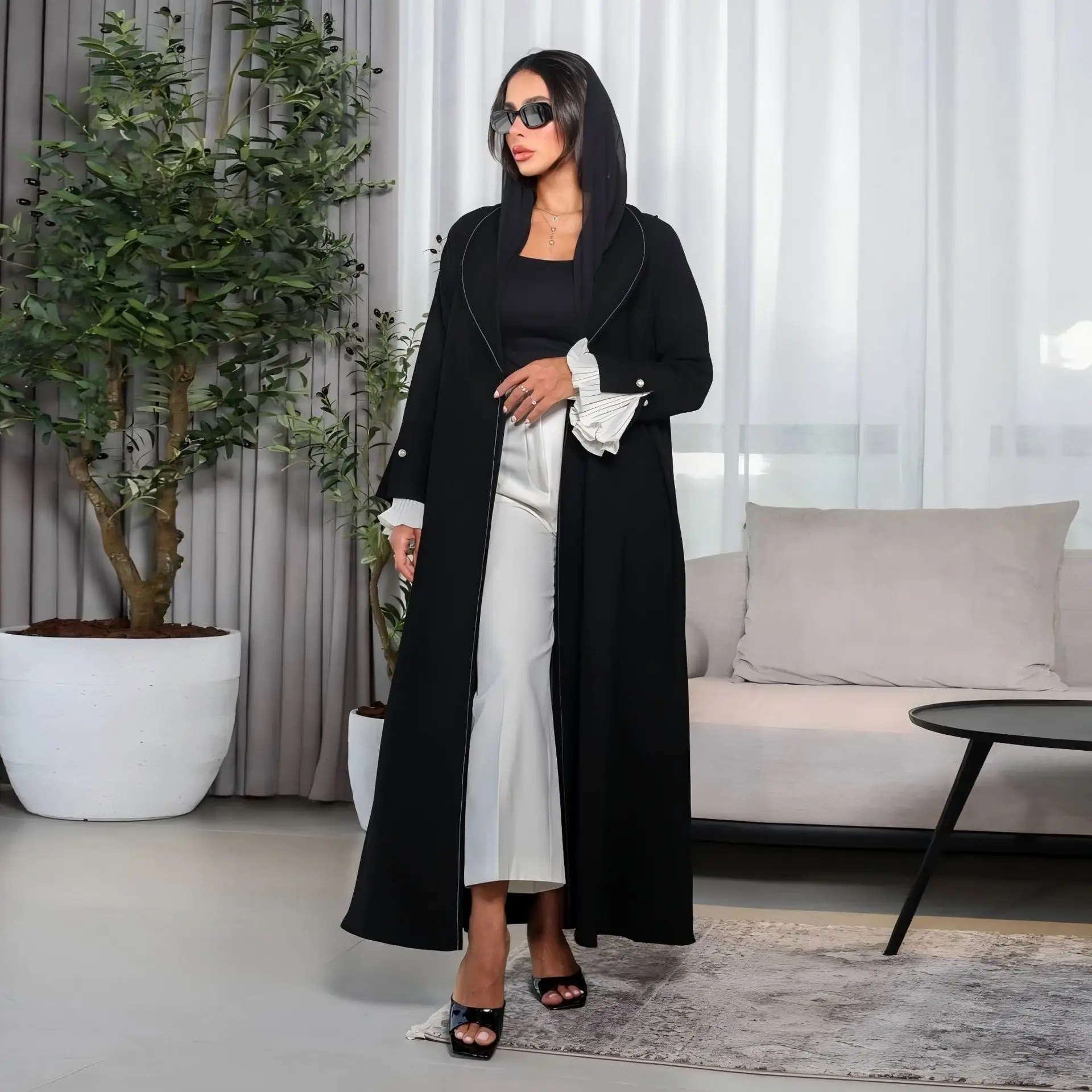 Modesto verão casual médio oriente feminino plissado artesanato jaqueta manga fenda poliéster abaya