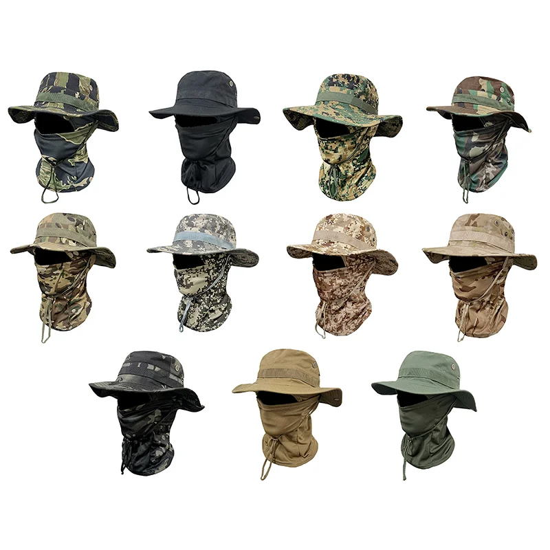 Camouflage Wide Brimmed Hat Balaclava Set Men's Outdoor Sunshade Boonie Cap Foldable Fisherman Hat Fishing Sun Protection Hat