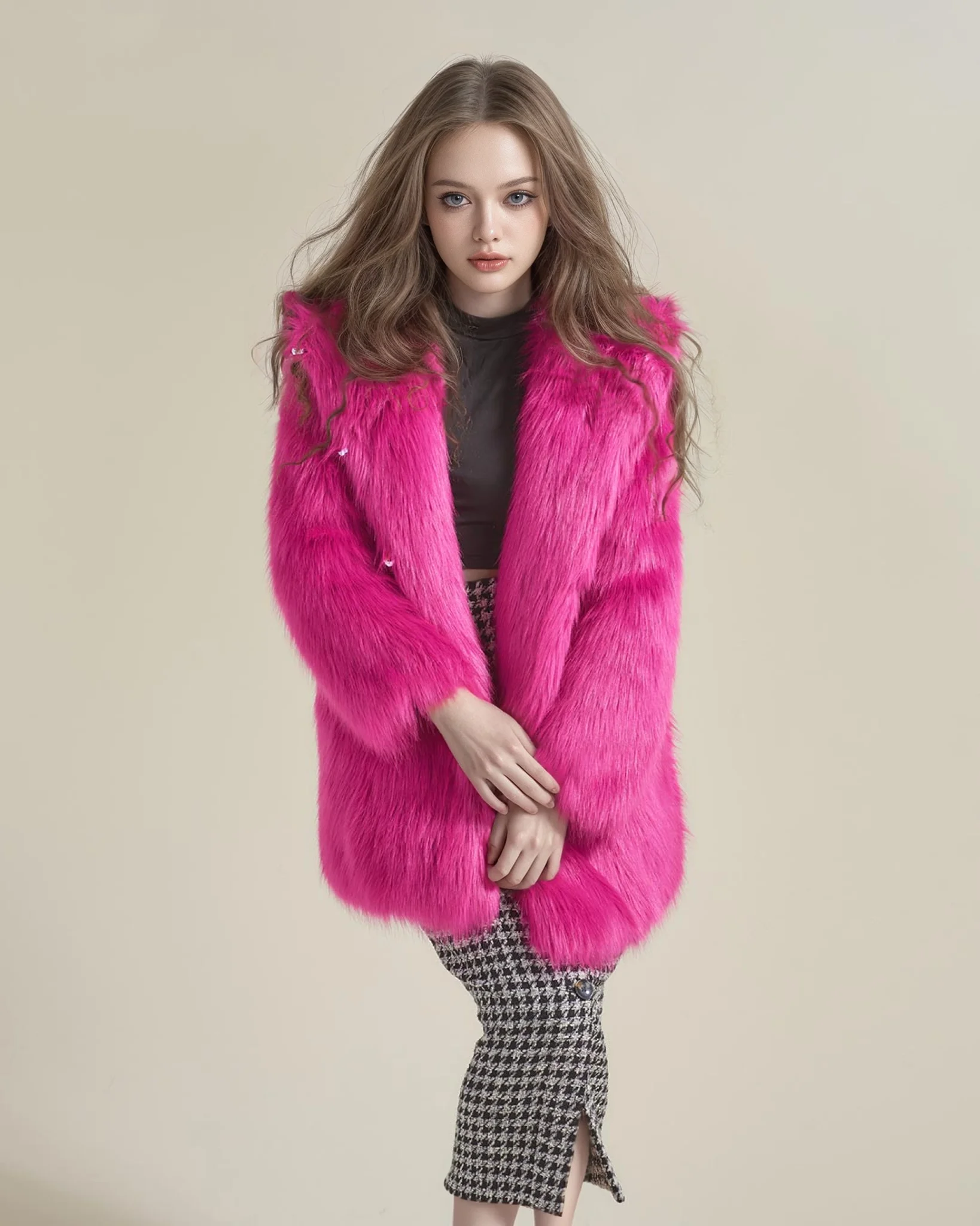 FHILLINUO Solid Color Loose Fur Long Coat Autumn And Winter New Item Lapel Long Sleeved Warm Coat For Women