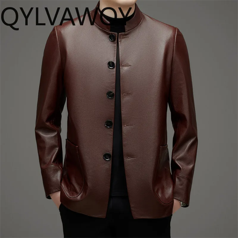 QYLVAWOY Top Layer Cowhide Leather Jackets Man High-end Real Leather Jacket for Man Coats Stand Collar Jackets Chinese Style 탑건