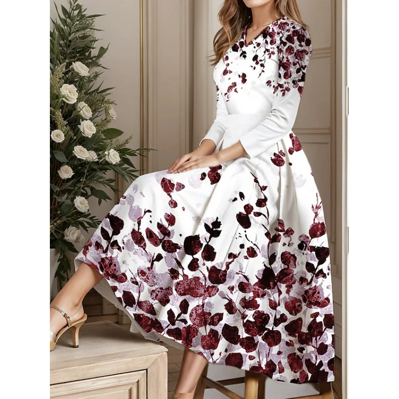 Women Dresses 2026 flower-printed V-neck 9-quarter sleeve casual big swing mid calf dresses women's clothing vestidoes
