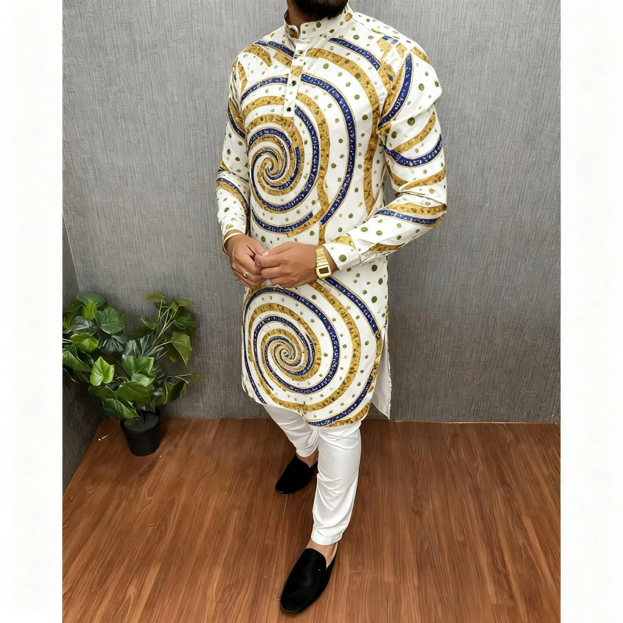 쿠르타 바르다 레귤러 핏 만다린 칼라 롱, 결혼식, 하리 라야, 아이딜피트리 등 국가 스타일에 적합, 무슬림 남성, 아랍 스타일