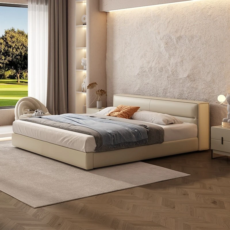 

Low bedside leather bed Italian minimalist tofu block light luxury bedroom tatami leather bed frame