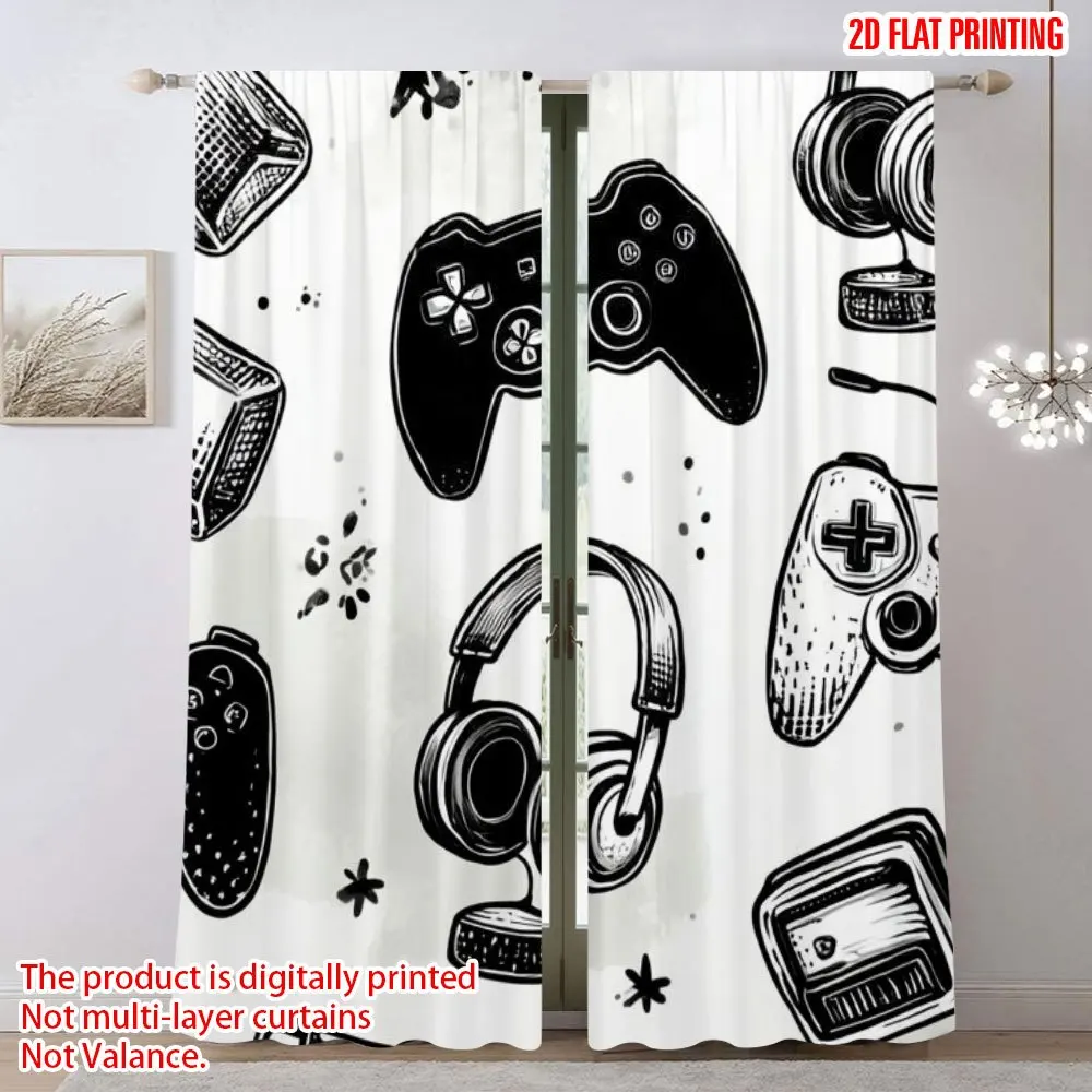 Fun Gamer Pop Art Window Curtains Controller Pattern Black White Drape Gaming Room Decor Man Cave Curtain