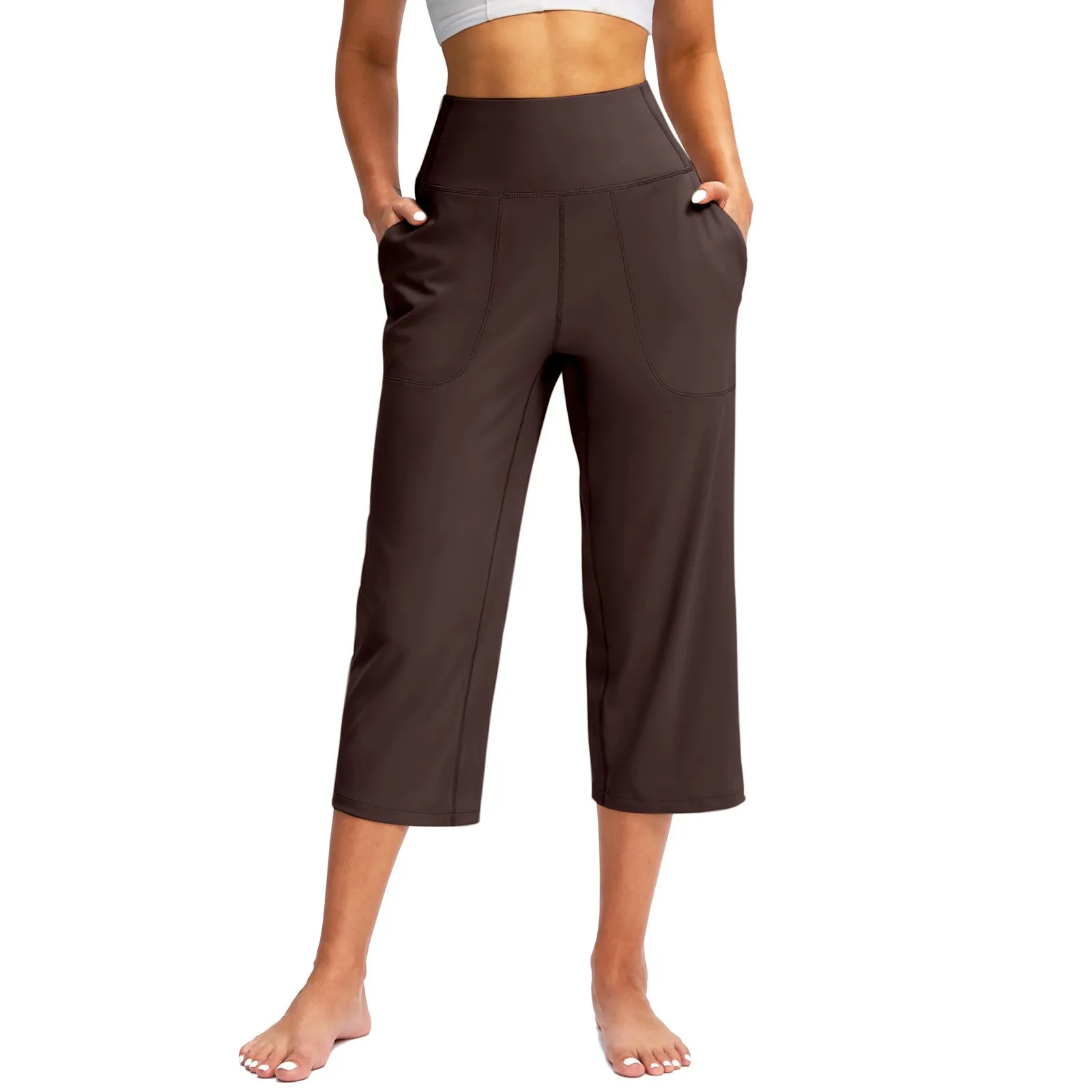 Women Elastic High Waist 3/4 Pant Casual Active  Fit Wide Capris Leg Pants Trousers With Pockets Pants for Women Women’s Pants