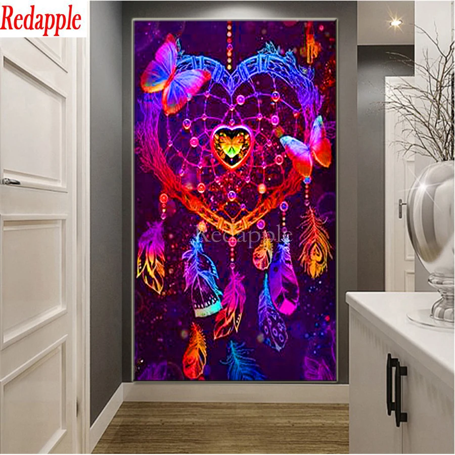 Diamond Mosaic Painting of Heart Shape, Diamond Embroidery, Dream Catcher, Cross Stitch, DIY 5D, Paste Image Decor